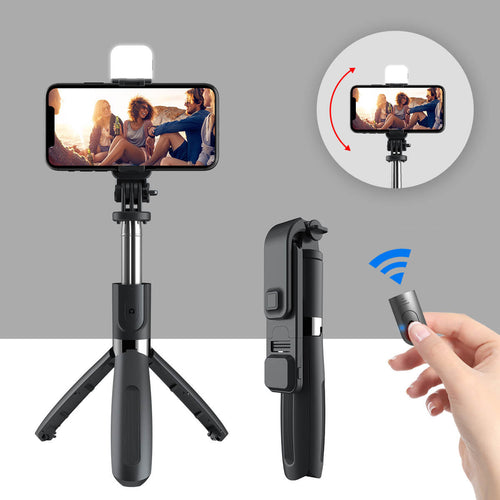 PrentiShop Selfie Stick control remoto, tripié y luz, en color negro