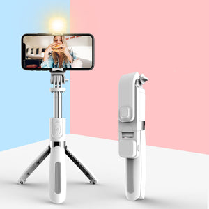 PrentiShop Selfie Stick control remoto, tripié y luz, color blanco